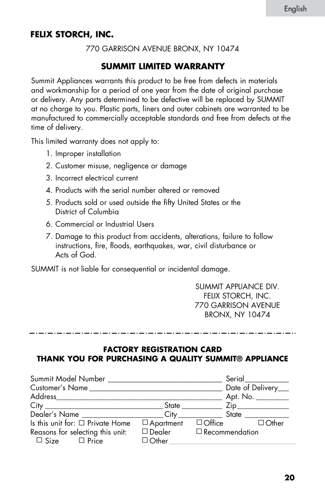 Summit SM900BL, SM900WH user manual Felix Storch, Inc, Summit Limited Warranty 